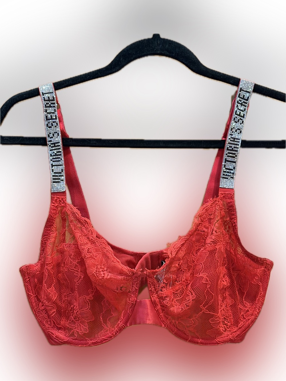 Victoria’s Secret Very Sexy Red Lace Bra with Rhinestone Straps, size 36DDD NWOT